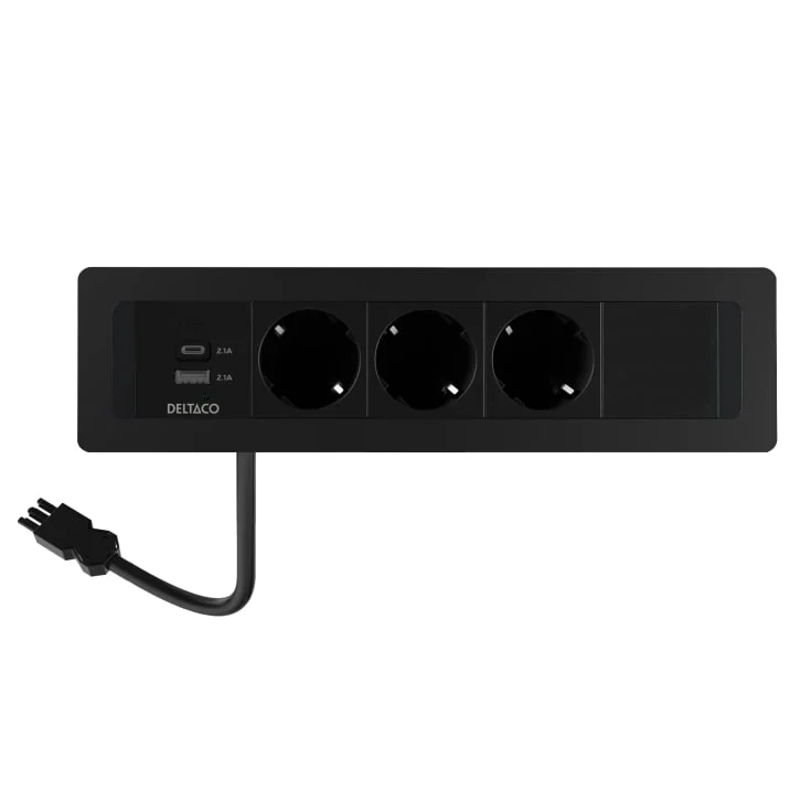 Deltaco innebygd stikkontakt, 3 uttak, A+C USB-lader, svart | 1902248 Deltaco innebygd stikkontakt, 3 uttak, A+C USB-lader, svart | 1902248