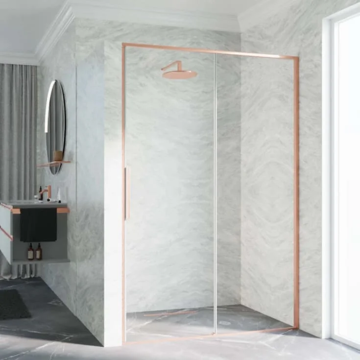 Novellini Riga 2P skyvedør venstre, 126-129 cm, klart glass, børstet kobber profil | RIG2P126S-1R