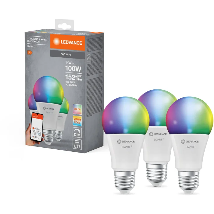 3 stk Ledvance Smart+ Wifi E27 standardpære, fargeendring + justerbar hvit, 14W, 3-pak | 4058075779013 3 stk Ledvance Smart+ Wifi E27 standardpære, fargeendring + justerbar hvit, 14W, 3-pak | 4058075779013