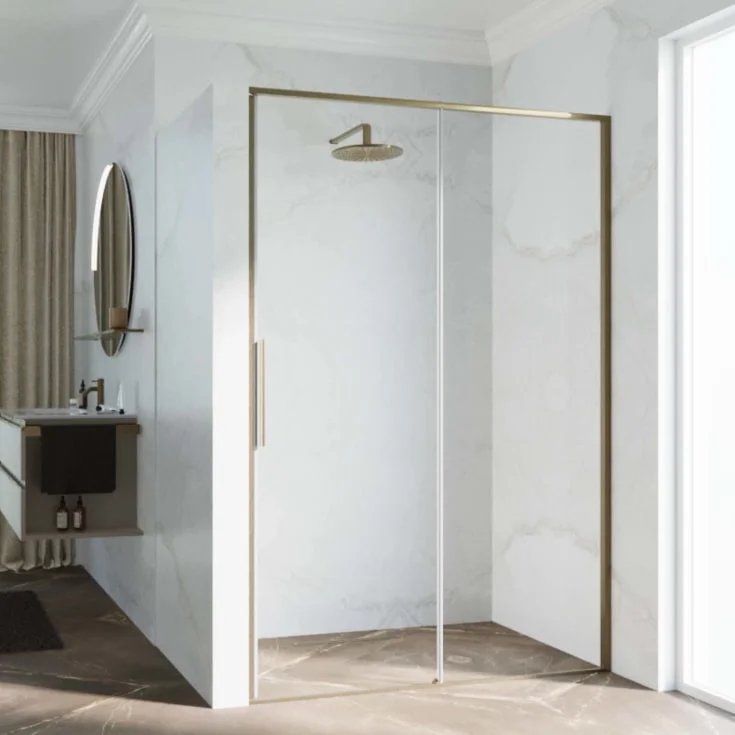 Novellini Riga 2P skyvedør venstre, 199-202 cm, klart glass, børstet bronse profil | RIG2P199S-1Q