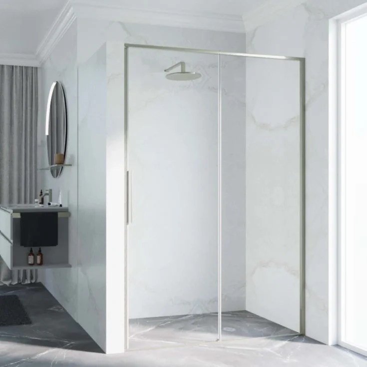 Novellini Riga 2P skyvedør høyre, 149-152 cm, klart glass, børstet stål profil | RIG2P149D-1Z